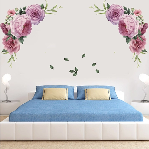 Acquerello Viola Rosa Peonia Adesivi Murali Foglie Verdi PVC Autoadesivo Removibile Floreale Adesivo Da Parete Per Decorazioni Casa