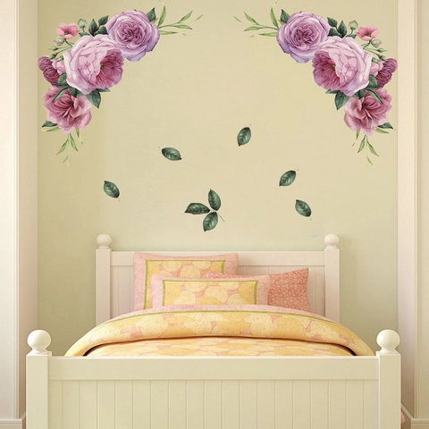 Acquerello Viola Rosa Peonia Adesivi Murali Foglie Verdi PVC Autoadesivo Removibile Floreale Adesivo Da Parete Per Decorazioni Casa