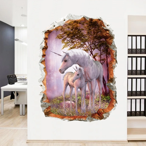 Adesivo da Parete 3D Cartone Animato Unicorno Foresta Effetto Muro Rotto PVC Impermeabile Decorazione Casa per Cameretta Bambini