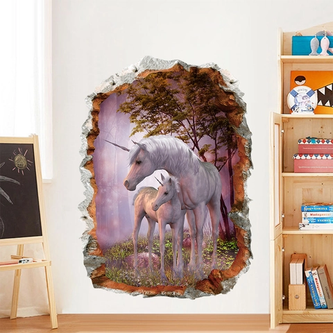 Adesivo da Parete 3D Cartone Animato Unicorno Foresta Effetto Muro Rotto PVC Impermeabile Decorazione Casa per Cameretta Bambini