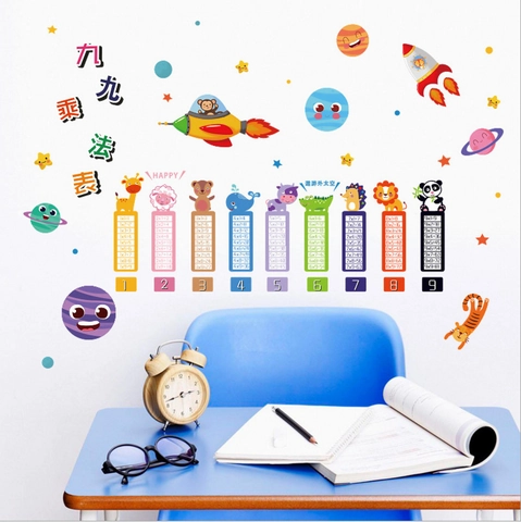 Multiplication Table Wall Sticker For Kids Educational Space Cartoon Animal Waterproof PVC Wall Decals For School Home Decor