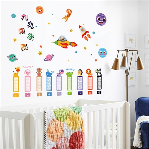 Multiplication Table Wall Sticker For Kids Educational Space Cartoon Animal Waterproof PVC Wall Decals For School Home Decor