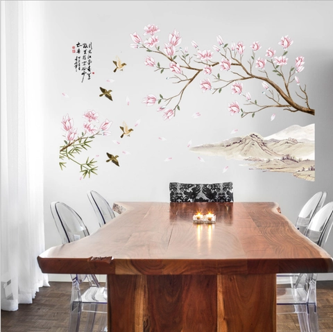 Sticker Mural de Style Lavis Chinois Fleur de Magnolia Oiseau PVC Amovible Paysage Mural pour Salon Chambre Décoration