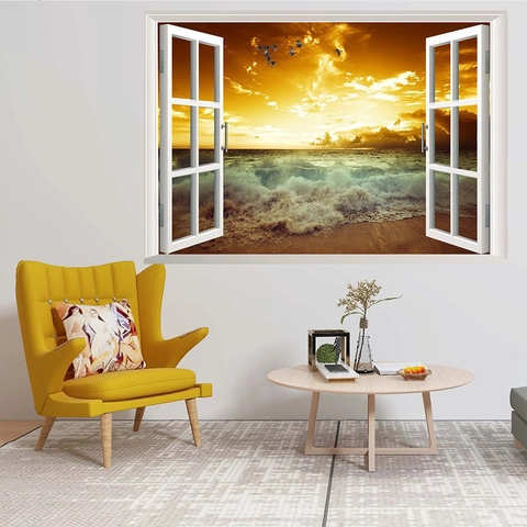 Adesivo da Parete 3D Finta Finestra Paesaggio Spiaggia al Tramonto PVC Impermeabile Decalcomania Per Soggiorno Camera Decorazione