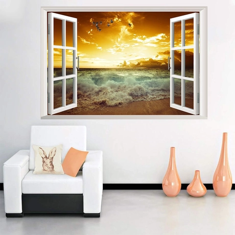 Adesivo da Parete 3D Finta Finestra Paesaggio Spiaggia al Tramonto PVC Impermeabile Decalcomania Per Soggiorno Camera Decorazione