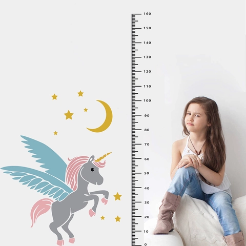 Cartoon Einhorn Messlatte Wandtattoo Abnehmbare PVC Kinderzimmer Höhenmessung Aufkleber Mit Mond Sternen Für Babyzimmer Deko