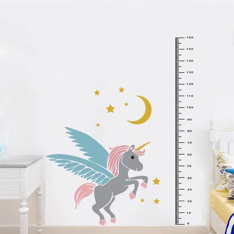 Cartoon Einhorn Messlatte Wandtattoo Abnehmbare PVC Kinderzimmer Höhenmessung Aufkleber Mit Mond Sternen Für Babyzimmer Deko