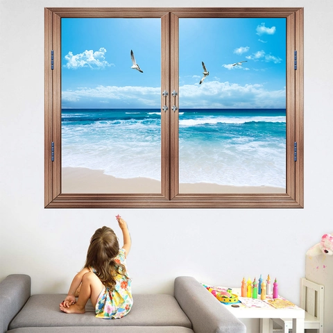 Adesivo Da Parete 3D Finestra Spiaggia Paesaggio PVC Impermeabile Vista Mare Gabbiano Murale Rimovibile Per Arredo Casa