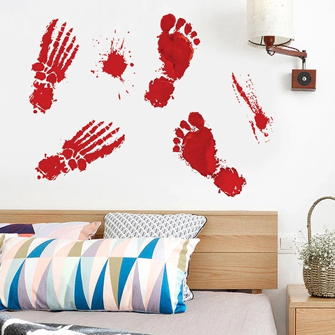 Halloween Sangre Huella Mano Pie Pegatina Pared Horror PVC Adhesivo Ventana Rojo Salpicaduras Sangre Decoración Fiesta Casa