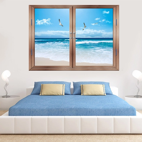 Adesivo Da Parete 3D Finestra Spiaggia Paesaggio PVC Impermeabile Vista Mare Gabbiano Murale Rimovibile Per Arredo Casa