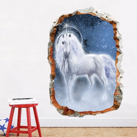 3D Wandtattoo Gebrochene Wand Einhorn Sternenhimmel Bedruckt Wasserdicht PVC Wandaufkleber Für Kinderzimmer Wohnzimmer Deko