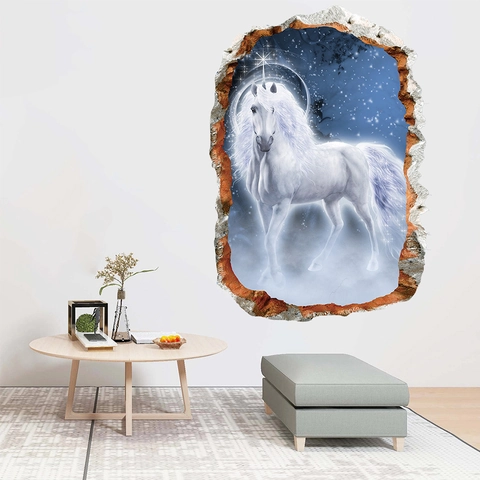 3D Wandtattoo Gebrochene Wand Einhorn Sternenhimmel Bedruckt Wasserdicht PVC Wandaufkleber Für Kinderzimmer Wohnzimmer Deko