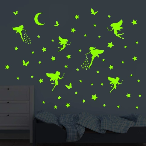 Adesivi Murali Fata Stelle Luna Fluorescenti nel Buio Decalcomanie Fai da Te in PVC per Decorazione Camera Bambini