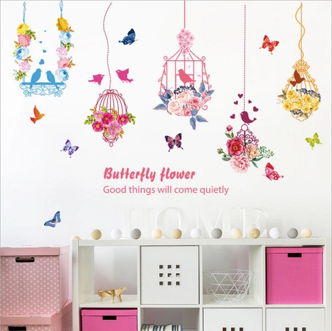 Modern Minimalist PVC Wall Sticker With Butterfly Birdcage Flower Pattern Waterproof Decorative Wall Decal For Home Decor