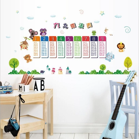 Cartoon Animals Multiplication Table Wall Sticker PVC Educational Math Chart For Kids Room Classroom Learning Wall Decor
