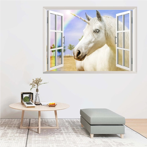 3D Window View Unicorn Wall Sticker Rainbow Dreamy Wall Decal For Kids Room Bedroom Home Decor PVC Waterproof Removable