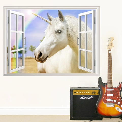 3D Window View Unicorn Wall Sticker Rainbow Dreamy Wall Decal For Kids Room Bedroom Home Decor PVC Waterproof Removable