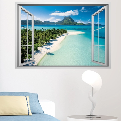 3D Fensterblick Strand Landschaft Wandtattoo PVC Abnehmbar Wasserdicht Tropische Insel Wandbild Für Wohnzimmer Schlafzimmer Deko