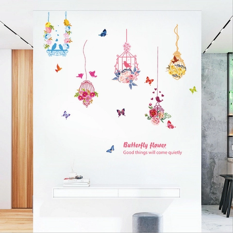 Modern Minimalist PVC Wall Sticker With Butterfly Birdcage Flower Pattern Waterproof Decorative Wall Decal For Home Decor