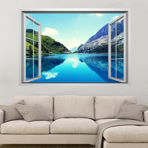 Adesivo da Parete 3D Falsa Finestra Paesaggio Montano Lago PVC Rimovibile Impermeabile Decalcomania per Soggiorno Camera