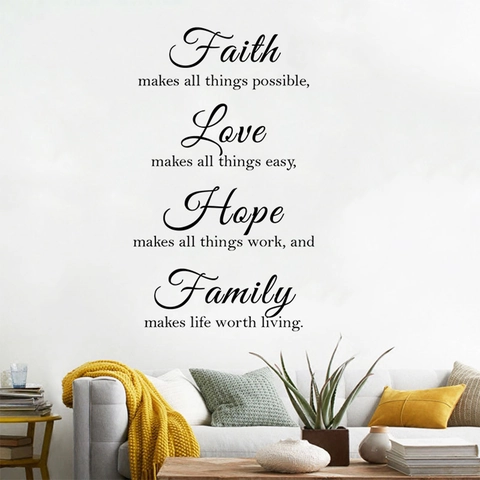 Faith Love Family Wandaufkleber PVC Wasserdicht Inspirierende Zitate Schriftzug Für Wohnzimmer Schlafzimmer Home Dekor
