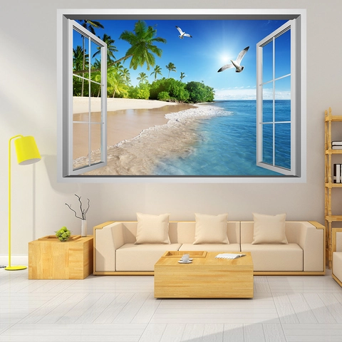 Pegatina de Pared Vista de Ventana 3D Playa Cocotero PVC Removible Impermeable Calcomanía para Sala de Estar Dormitorio Decoración