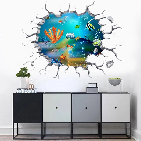 3D Gebrochene Wand Meereswelt Wandaufkleber Wasserdicht PVC Unterwasser Korallen Fische Qualle Aufkleber Für Kinderzimmer Haus Deko