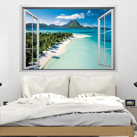 3D Fensterblick Strand Landschaft Wandtattoo PVC Abnehmbar Wasserdicht Tropische Insel Wandbild Für Wohnzimmer Schlafzimmer Deko
