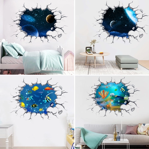 Pegatinas de Pared Creativas 3D Pared Rota Espacio Galaxia Mundo Submarino PVC Impermeable Calcomanías de Pared para Habitación Niños