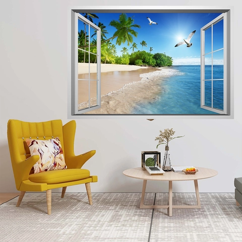 Pegatina de Pared Vista de Ventana 3D Playa Cocotero PVC Removible Impermeable Calcomanía para Sala de Estar Dormitorio Decoración