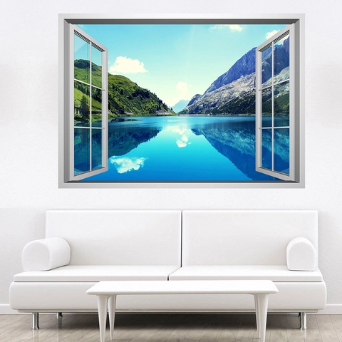 Adesivo da Parete 3D Falsa Finestra Paesaggio Montano Lago PVC Rimovibile Impermeabile Decalcomania per Soggiorno Camera