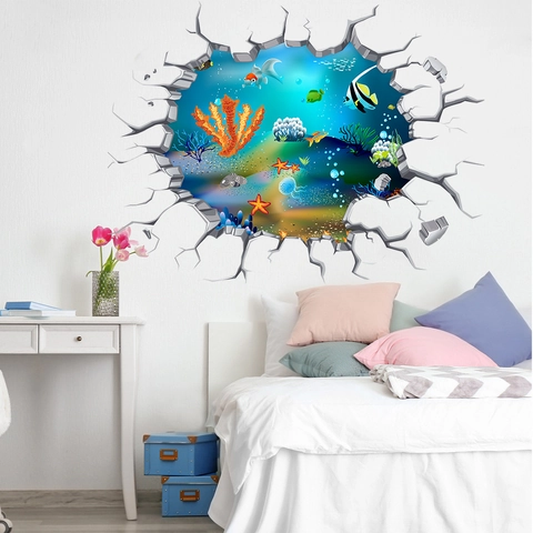 3D Gebrochene Wand Meereswelt Wandaufkleber Wasserdicht PVC Unterwasser Korallen Fische Qualle Aufkleber Für Kinderzimmer Haus Deko