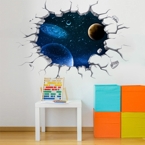 Pegatinas de Pared Creativas 3D Pared Rota Espacio Galaxia Mundo Submarino PVC Impermeable Calcomanías de Pared para Habitación Niños