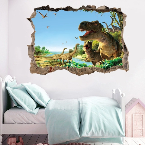 3D Broken Wall Dinosaur Wall Stickers For Kids Room Bedroom Decor PVC Waterproof Dinosaur Park Wall Decals Wall Art