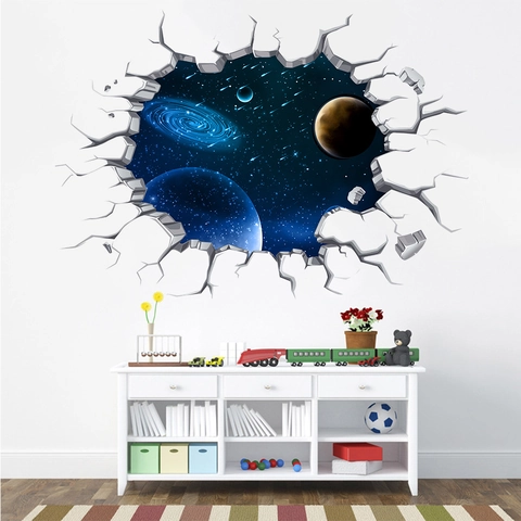 3D Buitenruimte Melkweg Planeten Muursticker Waterdicht PVC Gebarsten Muur Sticker Voor Kinderkamer Woonkamer Home Decor
