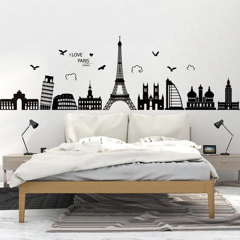 Adesivi Murali Silhouette Monumenti del Mondo in PVC Nero Decalcomania Fai-da-te Rimovibile Torre Eiffel per Soggiorno Casa