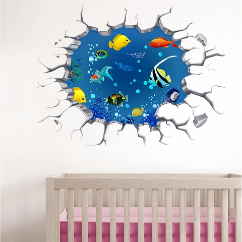 3D Gebrochene Wand Unterwasserwelt Wandaufkleber Tropische Fische Korallenriff PVC Wasserdichtes Deko-Abziehbild Für Kinderzimmer