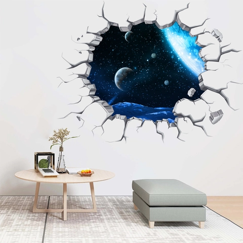 3D Outer Space Galaxy Broken Wall Sticker Waterproof PVC Starry Sky Universe Planet Decal For Kids Room Living Room Home Decor