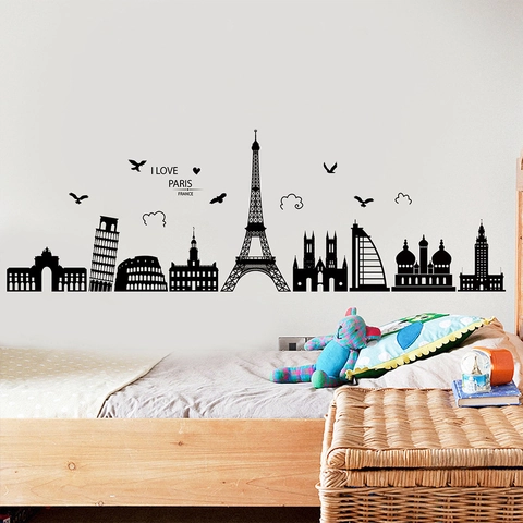 Adesivi Murali Silhouette Monumenti del Mondo in PVC Nero Decalcomania Fai-da-te Rimovibile Torre Eiffel per Soggiorno Casa