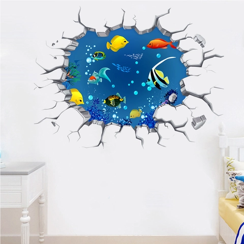 3D Gebrochene Wand Unterwasserwelt Wandaufkleber Tropische Fische Korallenriff PVC Wasserdichtes Deko-Abziehbild Für Kinderzimmer