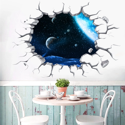 3D Outer Space Galaxy Broken Wall Sticker Waterproof PVC Starry Sky Universe Planet Decal For Kids Room Living Room Home Decor