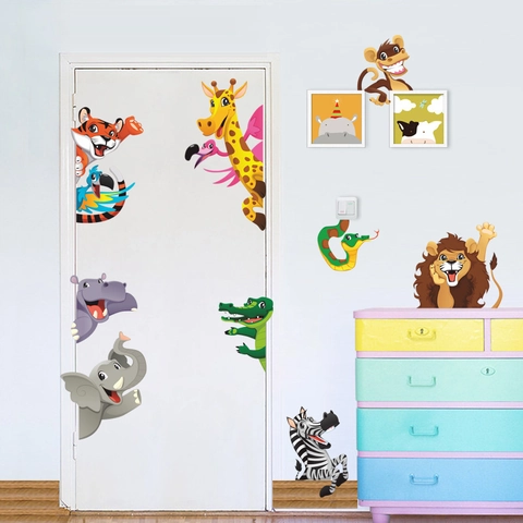 Lindos Adhesivos de Pared de Animales de Dibujos Animados PVC Removibles Impermeables León Elefante Cebra Para Habitación Infantil