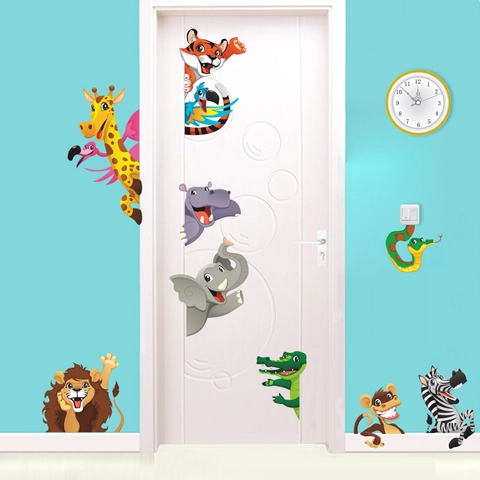 Lindos Adhesivos de Pared de Animales de Dibujos Animados PVC Removibles Impermeables León Elefante Cebra Para Habitación Infantil