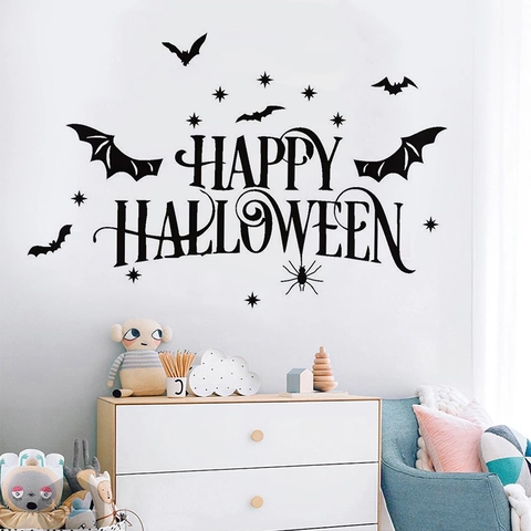 Adesivo da Parete Happy Halloween PVC Motivo Pipistrello Ragno Stella Nero Rimovibile Impermeabile DIY Decalcomania Casa
