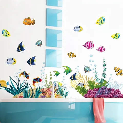 Pegatinas Pared PVC Removibles Mundo Submarino Peces Tropicales Coral Algas Impermeables Para Habitación Niños Baño Decoración