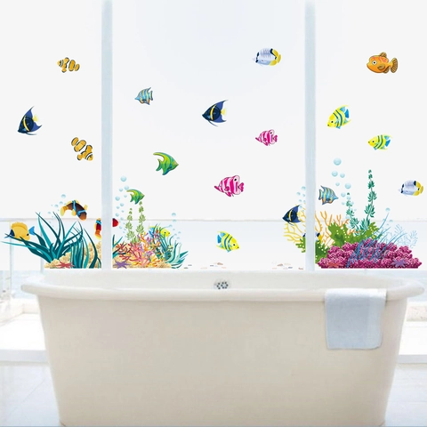 Pegatinas Pared PVC Removibles Mundo Submarino Peces Tropicales Coral Algas Impermeables Para Habitación Niños Baño Decoración