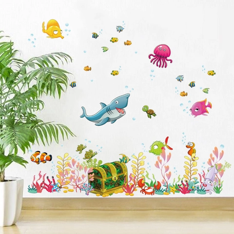 Cartoon Ocean World Sea Life Wall Stickers Waterproof PVC Removable Decals For Kids Room Nursery Bedroom Playroom Decor