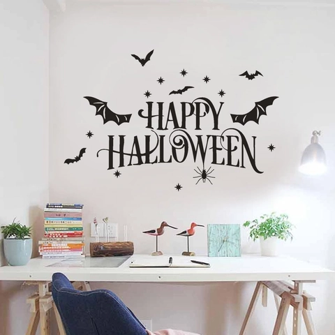Adesivo da Parete Happy Halloween PVC Motivo Pipistrello Ragno Stella Nero Rimovibile Impermeabile DIY Decalcomania Casa