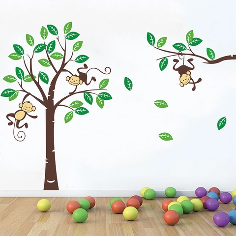 Cartoon Affe Klettern Baum Wandtattoo Für Kinderzimmer Abnehmbare PVC Wald Dschungel Tier Kindergarten Dekor Wandaufkleber