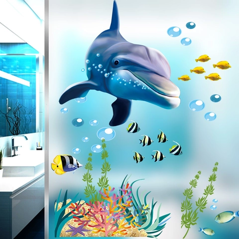 Ocean World Dolphin Wall Sticker Waterproof PVC Removable Underwater Fish Coral Decal For Kids Boy Room Bathroom Decor